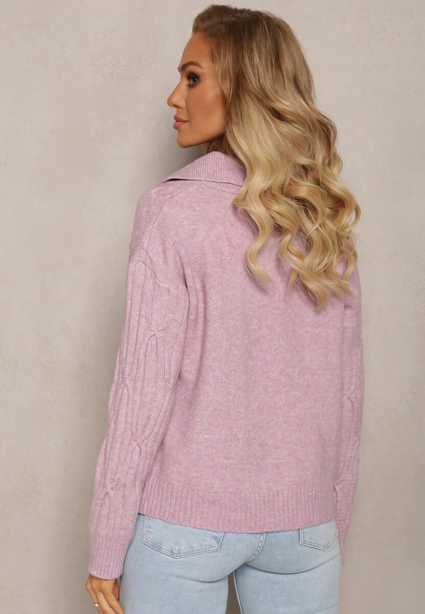 Fioletowy Sweter z Dekoltem w Serek i Ozdobnym Splotem Travissa