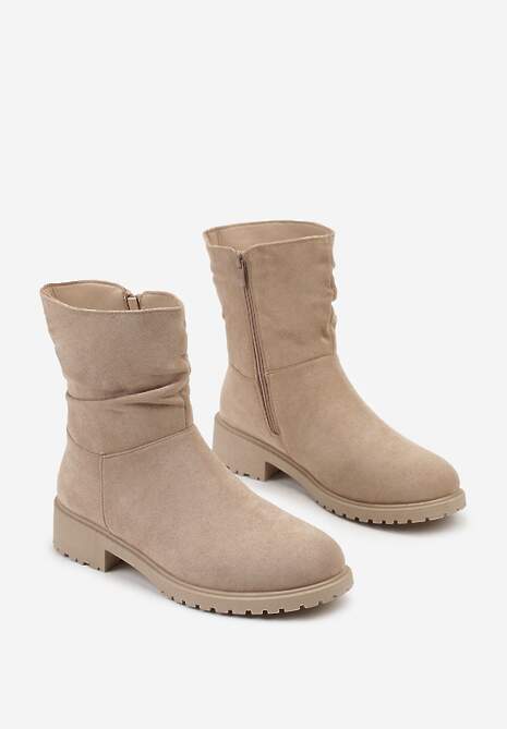 Ciemnobeżowe Botki z Imitacji Zamszu z Marszczoną Cholewką do Kostki Ilora