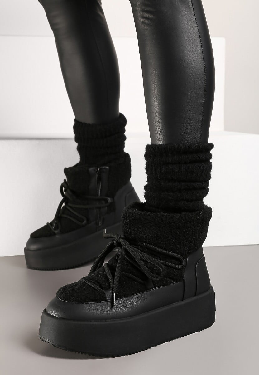 Czarne Sznurowanie Śniegowce na Platformie Ozdobione Futerkiem w Stylu Baranka Miaviera