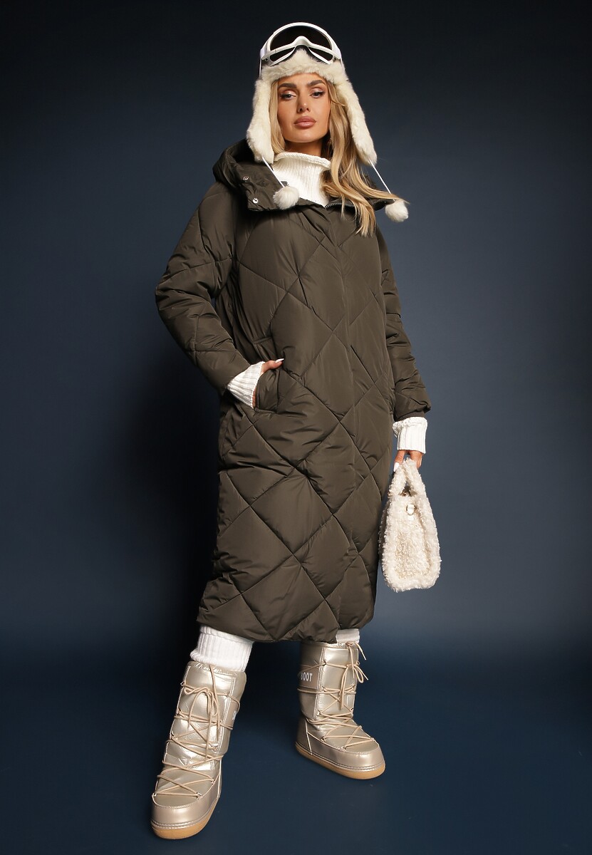 Ciemnozielona Pikowana Kurtka Płaszcz za Kolano z Kapturem Kinassan