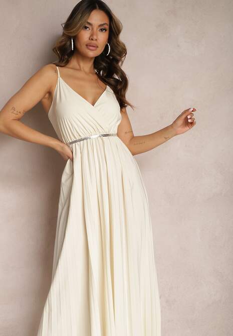 Jasnobeżowa Długa Sukienka Kopertowa o Rozkloszowanym Kroju na Ramiączkach Kaemera