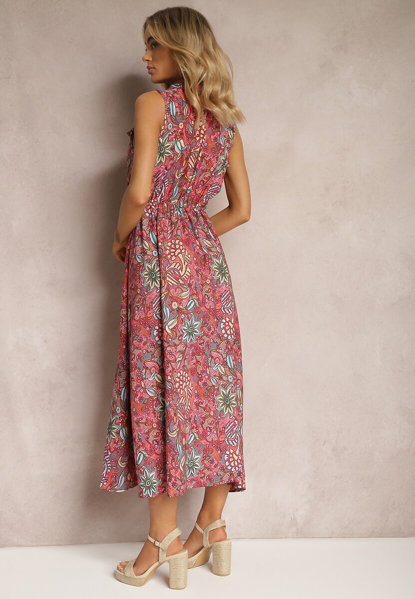 Ciemnoróżowa Kwiecista Sukienka o Rozkloszowanym Kroju Tirana