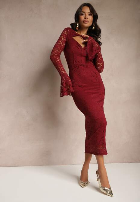 Bordowa Koronkowa Sukienka o Dopasowanym Kroju z Rozszerzanymi Rękawami Seliriel