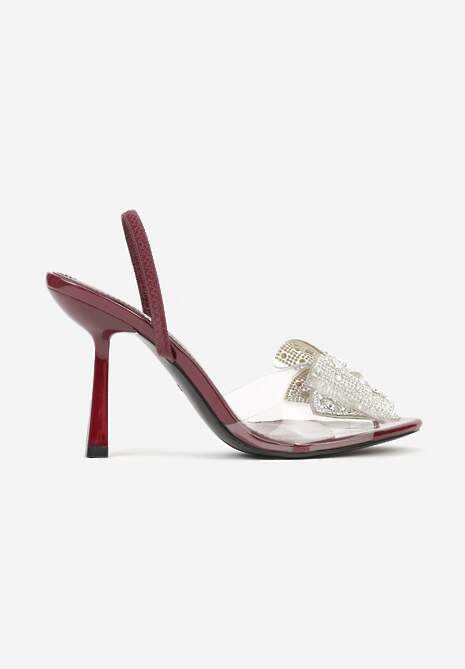 Bordowe Transparentne Sandały na Klepsydrowej Szpilce z Kokardą i Cyrkoniami Feralia