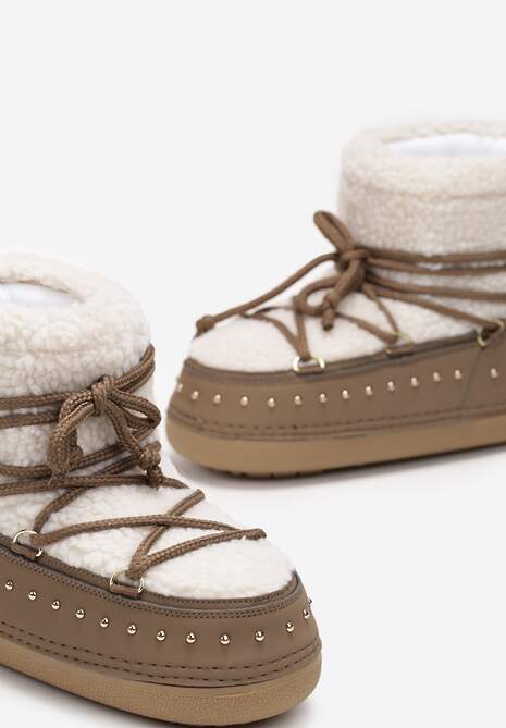 Ciemnobeżowe Śniegowce z Ozdobnym Sznurowaniem Ćwiekami i Futerkiem Covesa