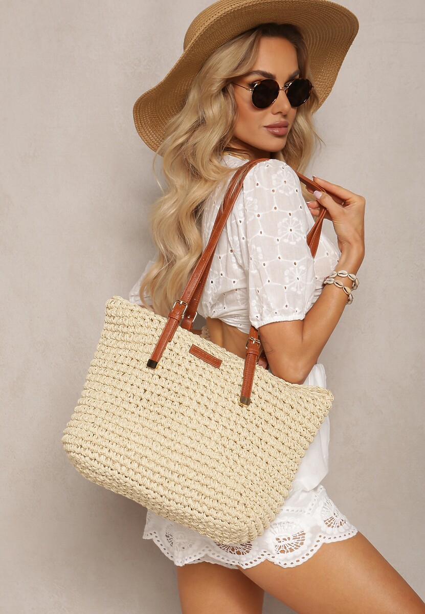 Ciemnobeżowa Duża Pleciona Torebka Wykończona Rączkami z Imitacji Skóry Carpinea