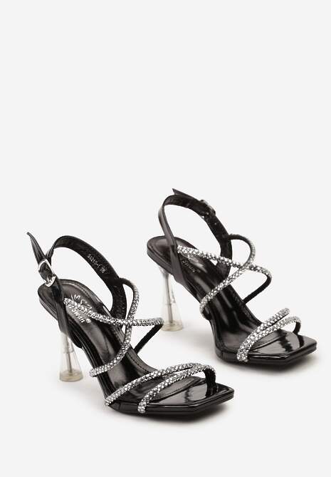 Czarne Sandały na Transparentnym Klepsydrowym Obcasie z Łańcuszkowymi Paseczkami Xalarias