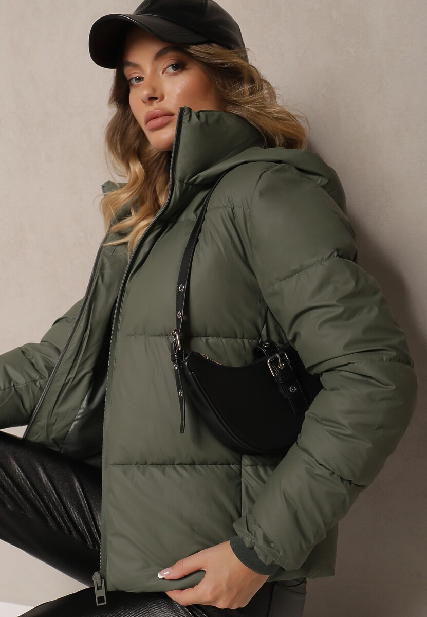 Ciemnozielona Klasyczna Kurtka z Pikowanymi Przeszyciami Kapturem i Kieszeniami Anrinna