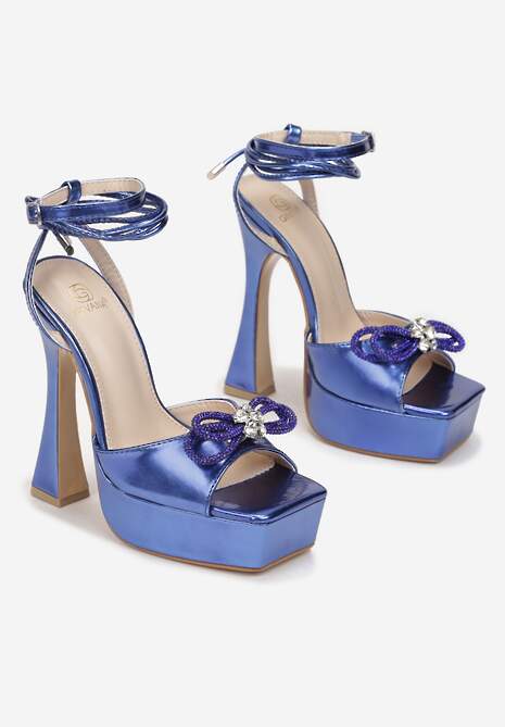 Niebieskie Sandały na Platformie i Słupku z Kokardką z Cyrkoniami Vraptore