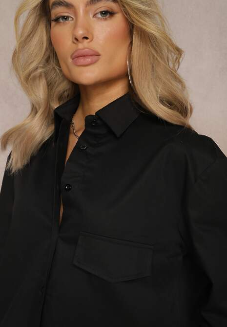 Czarna Krótka Koszula z Bawełny Ozdobiona Imitacją Kieszeni Nordulia
