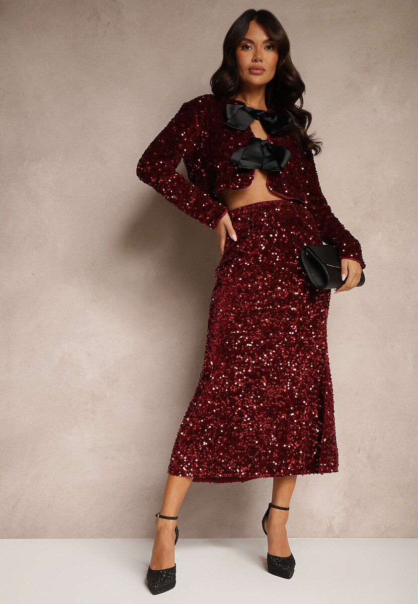 Bordowa Cekinowa Bluzka Narzutka z Satynowymi Kokardkami Issanis