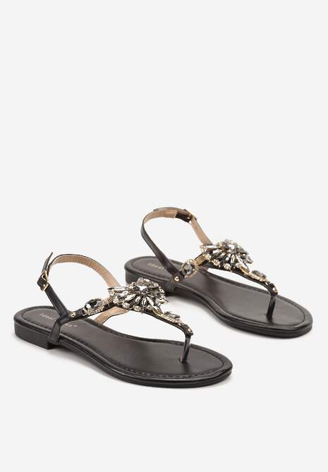 Czarne Sandały na Płaskiej Podeszwie w Stylu Japonek z Opalizującymi Cyrkoniami Mandrea