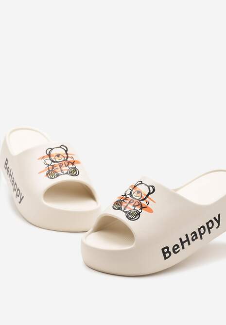 Beżowe Klapki na Platformie z Pianki z Nadrukiem Misia Nelorea