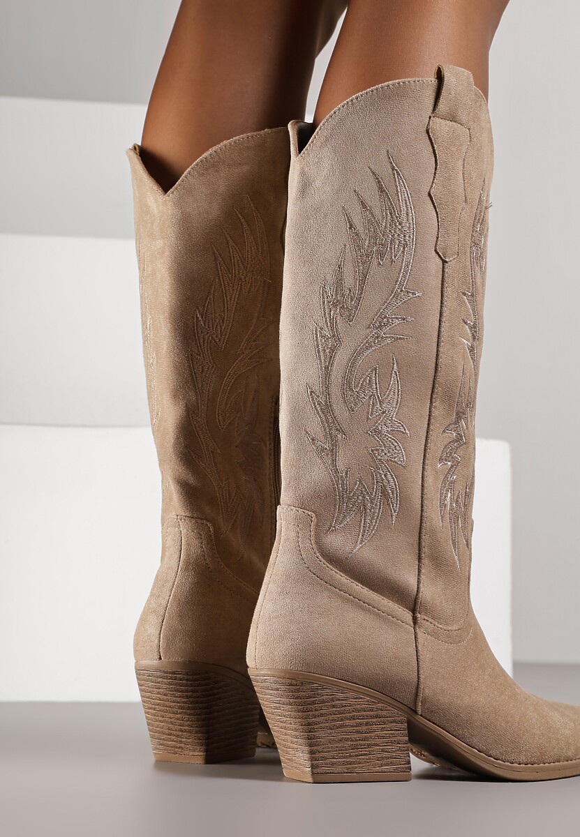 Ciemnobeżowe Klasyczne Kozaki Kowbojki na Stożku Zdobione Haftem Nallesia