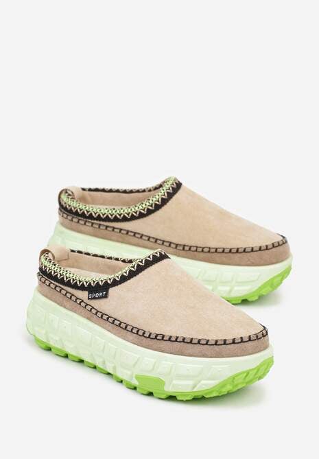 Beżowo-Zielone Śniegowce na Platformie z Tłoczeniem i Niską Cholewką Violova