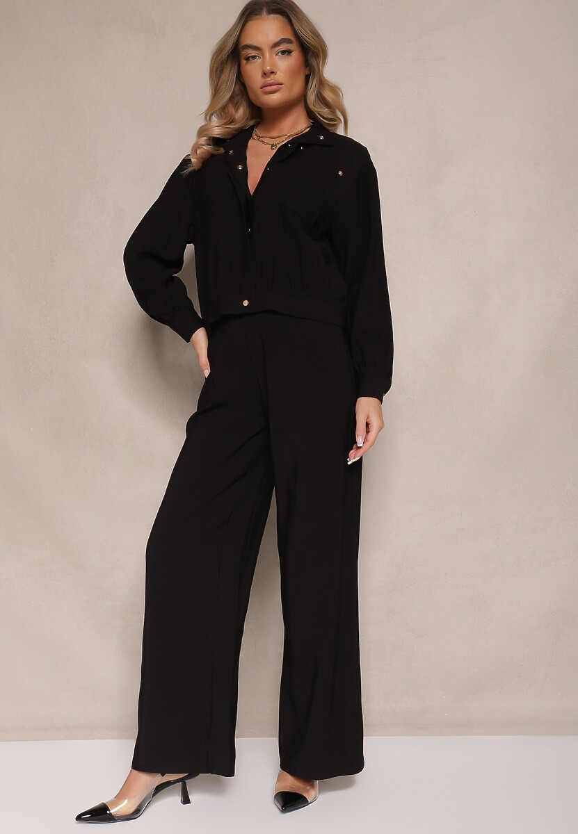 Beżowy Komplet z Wiskozy Kurtka ze Stójką i Spodnie o Szerokim Kroju Anoilla