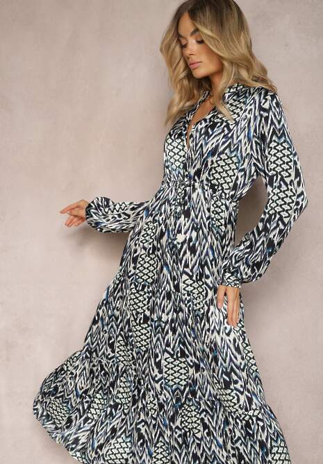 Niebieska Sukienka o Rozkloszowanym Kroju ze Ściągaczem w Talii i Trójkątnym Dekoltem z Guzikami Niamarie