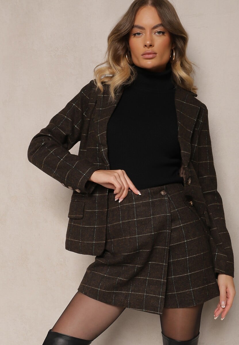 Brązowe Szorty Spódnica w Kratę z Zakładką Enallin