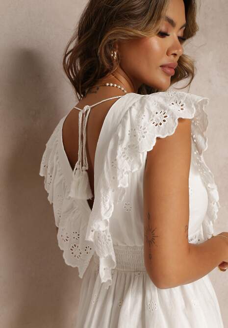 Biała Bawełniana Sukienka z Haftem i Falbankami Casira