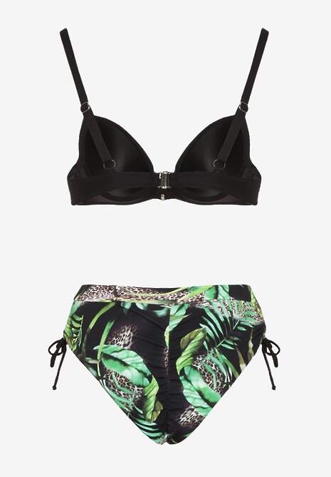 Czarne Bikini z Motywem Roślinnym Biustonosz i Majtki Figi ze Ściągaczami Sadorene