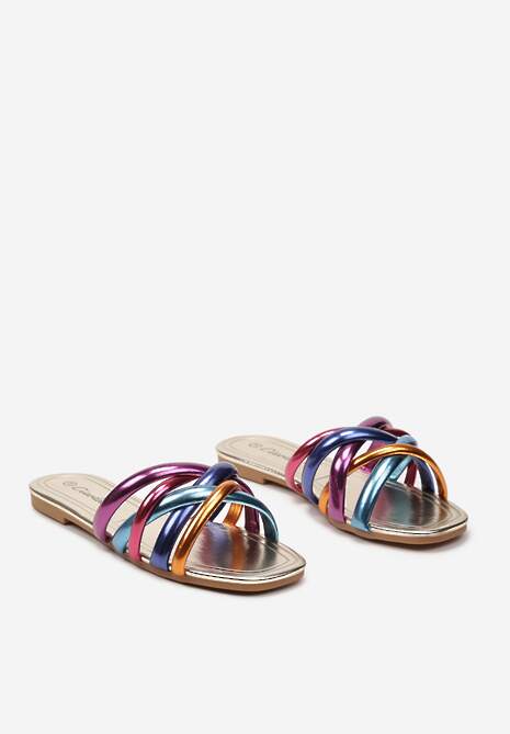 Złote Płaskie Klapki Otwarte z Ozdobnymi Paskami Vemina