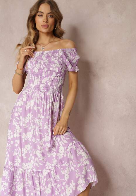Fioletowa Rozkloszowana Sukienka Maxi z Hiszpańskim Dekoltem w Kwiaty Zevana