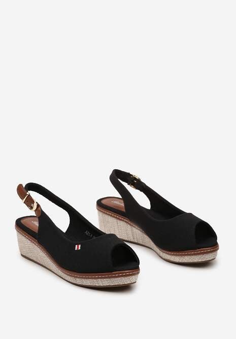 Czarne Sandały na Plecionym Koturnie bez Pięty Danea