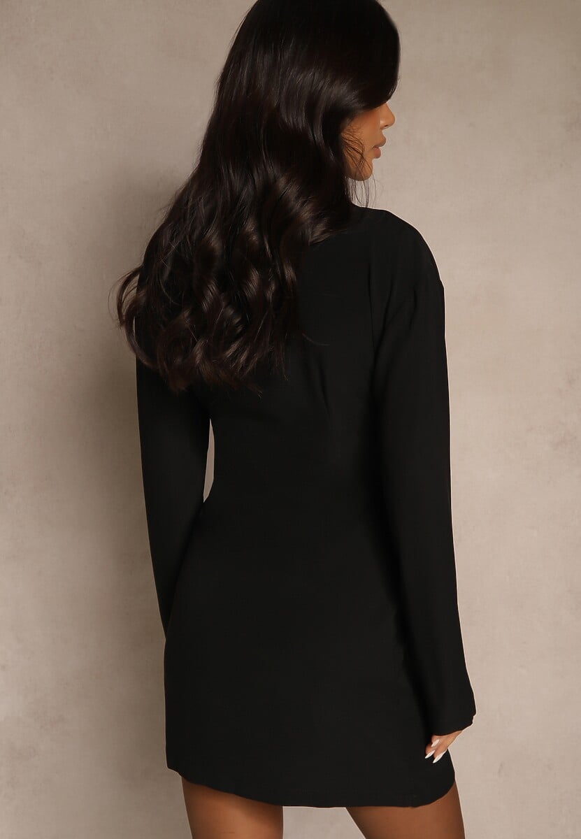 Czarna Sukienka o Kopertowym Kroju ze Sznurkiem w Pasie Rhilea