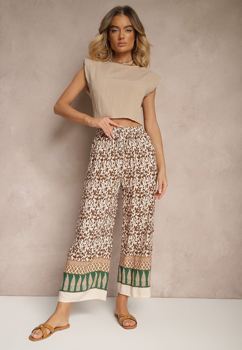 Brązowe Spodnie z Bawełny High Waist z Abstrakcyjnym Wzorem Lisathiela