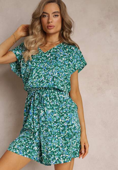 Zielony Kwiecisty Kombinezon z Krótkimi Rękawami i Nogawkami Olyssa