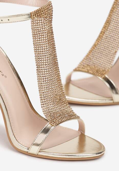Złote Sandały na Szpilce z Cyrkoniami i Sprzączką Faltifi