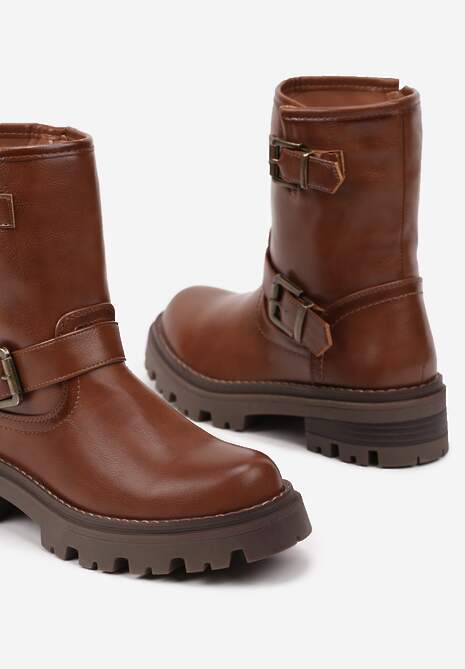 Jasnobrązowe Botki w Stylu Bikerów na Platformie z Tłoczeniem z Metalicznymi Klamrami Ravandrea