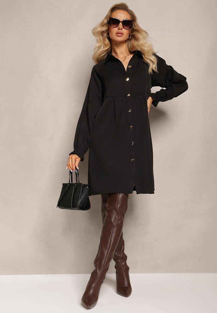 Czarna Rozkloszowana Sukienka Koszulowa Mini Nofexi