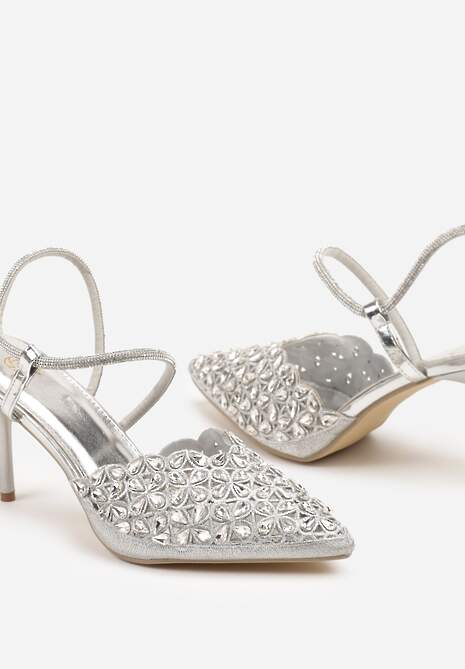 Srebrne Sandały na Szpilce Slingback z Cyrkoniami Dimte