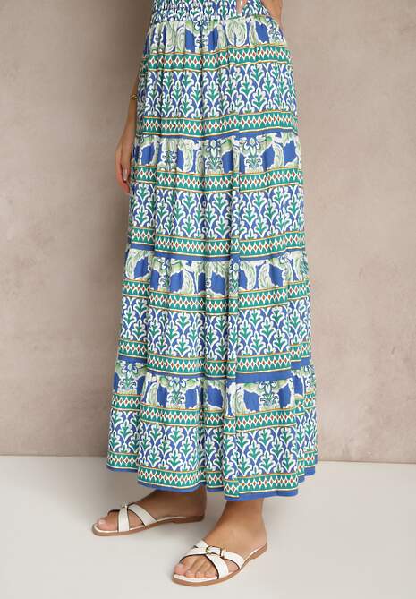 Niebieska Spódnica z Wiskozą o Rozkloszowanym Kroju w Etniczny Print Kolindriela
