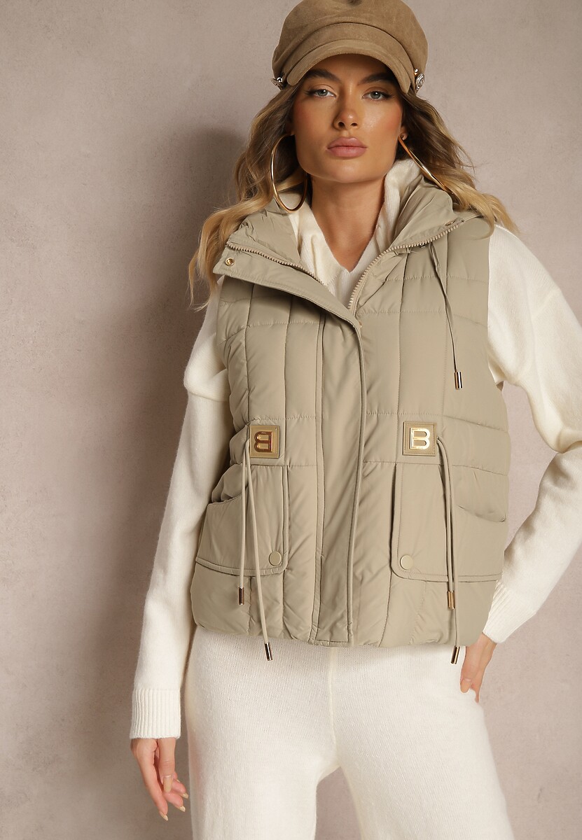 Ciemnobeżowa Kamizelka z Odpinanym Kapturem Ozdobiona Pikowaniem i Metalicznymi Dodatkami Sinthella