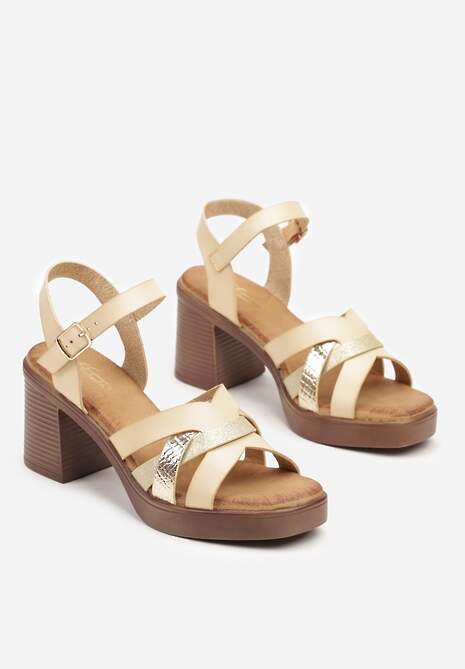 Beżowe Sandały na Platformie i Słupku z Ozdobnymi Paskami Deoniriel