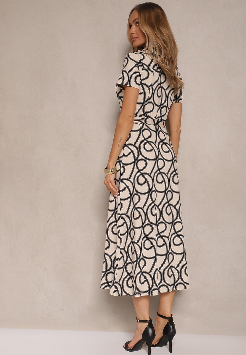 Czarno-Beżowa Sukienka z Wiskozą o Koszulowym Kroju z Geometrycznym Wzorem Saravione