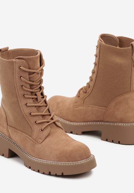 Jasnobrązowe Sznurowane Płaskie Botki w Stylu Workerów z Brokatową Elastyczną Cholewką Creene