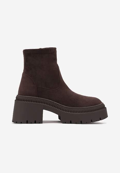 Brązowe Botki Sztyblety na Słupku z Dopasowaną Cholewką Hesliara