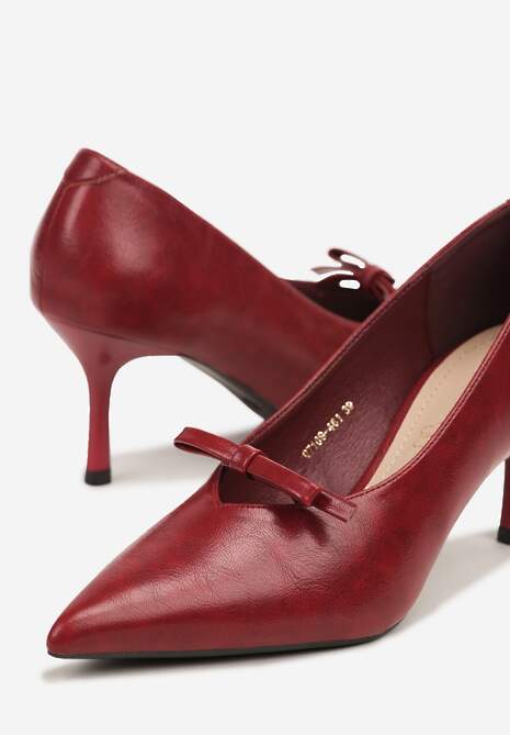 Bordowe Czółenka na Szpilce Vices z Kokardą i Wkładką ze Skóry Naturalnej Rilanisse