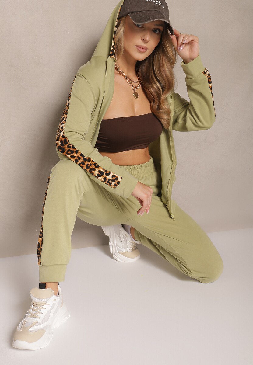 Zielony Komplet Dresowy z Bluzą i Spodniami Zdobionymi Panterką Tirhiris