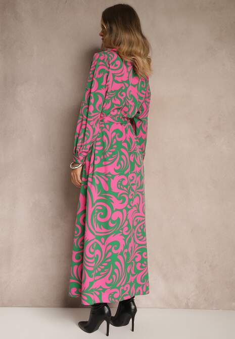 Zielono-Fuksjowa Sukienka Koszulowa Maxi z Materiałowym Paskiem w Abstrakcyjny Print Lirans
