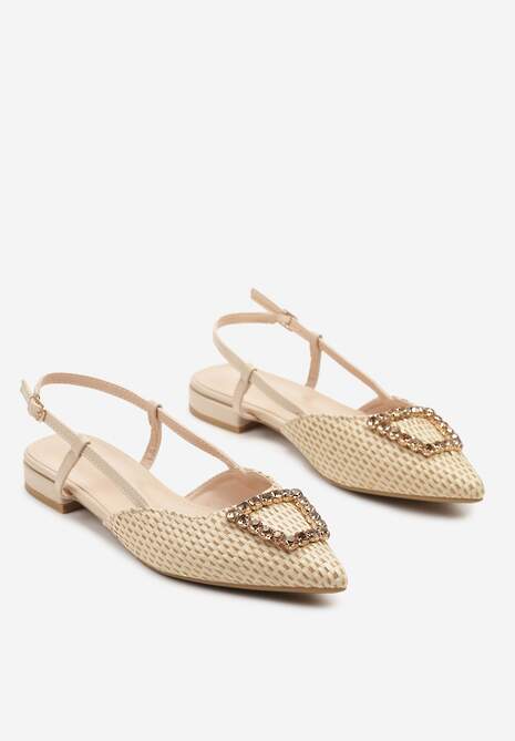 Beżowe Sandały Slingback na Płaskiej Podeszwie z Klamrą i Cyrkoniami Nonithiel