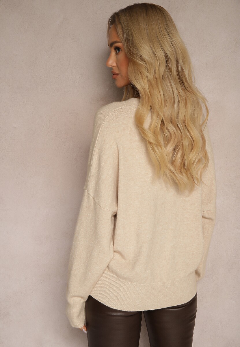 Beżowy Klasyczny Sweter z Wiskozą i Kaszmirem Marirra