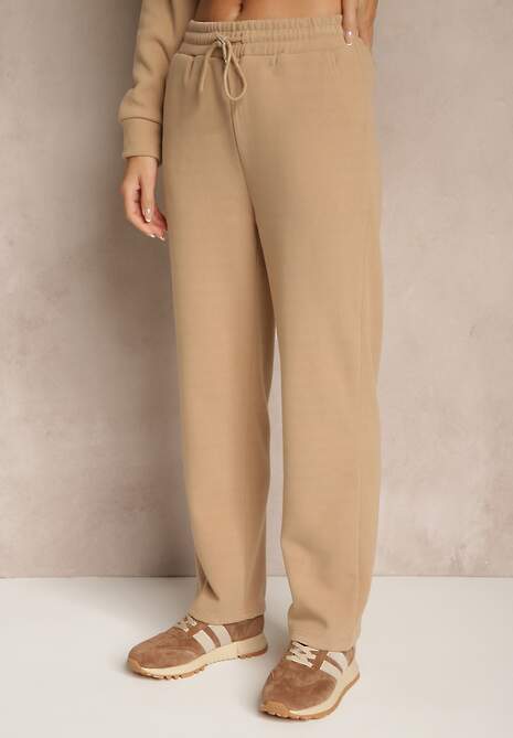 Ciemnobeżowy Bawełniany Komplet Dresowy z Ociepleniem Spodnie i Bluza z Suwakiem Mistilia