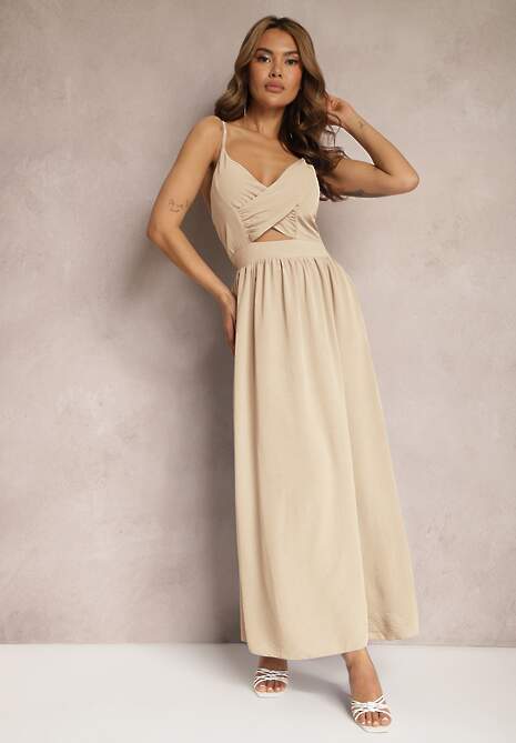 Beżowa Sukienka z Wycięciami na Ramiączkach z Wycięciami i Gumką w Talii Lomiara