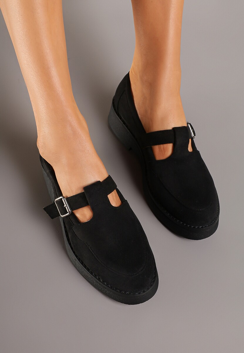 Czarne Mokasyny na Płaskiej Podeszwie Wykończone Paskiem ze Sprzączką Rexinda
