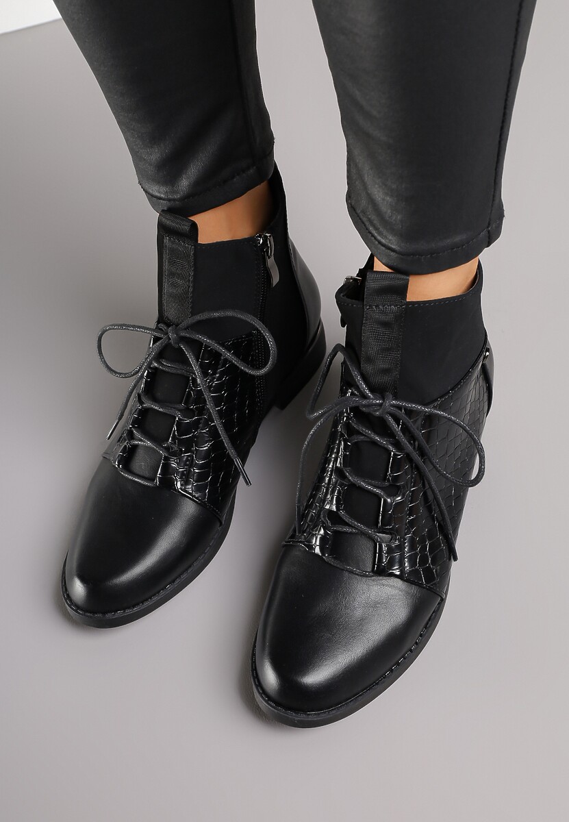 Czarne Botki Vices w Stylu Trzewików z Motywem Skóry Krokodyla Alirriva