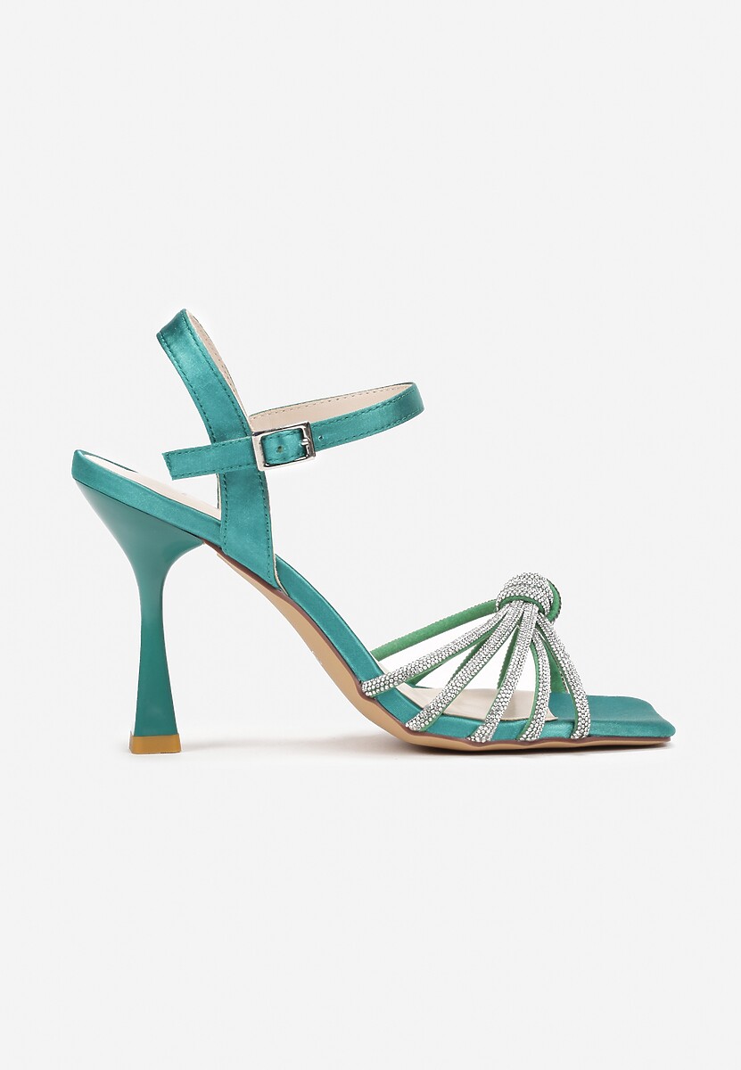 Zielone Sandały z Cyrkoniami i Supełkiem na Ozdobnej Szpilce Zamme